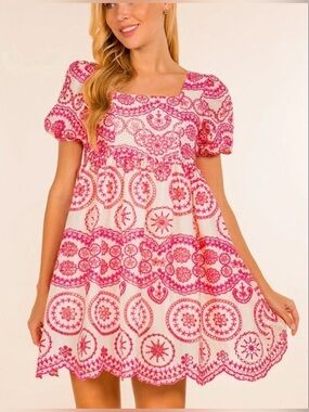 Brooklyns Pink Embroidered Eyelet Babydoll Dress Small 100% Cotton | SIZE S